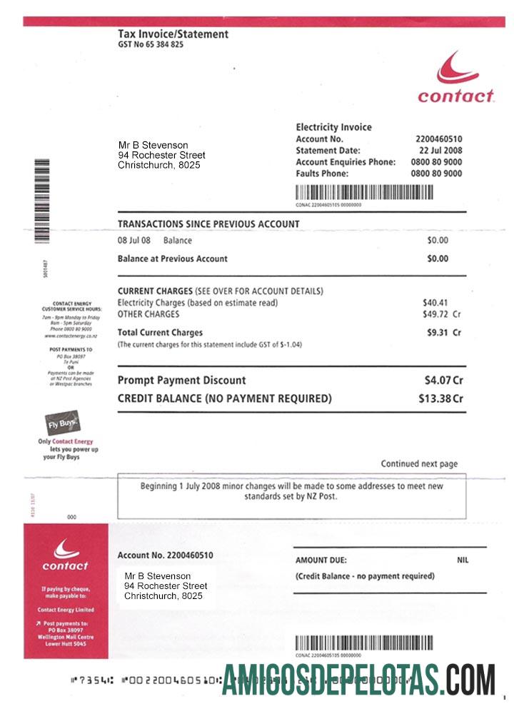 Conta de eletricidade da Nova Zelândia amostra